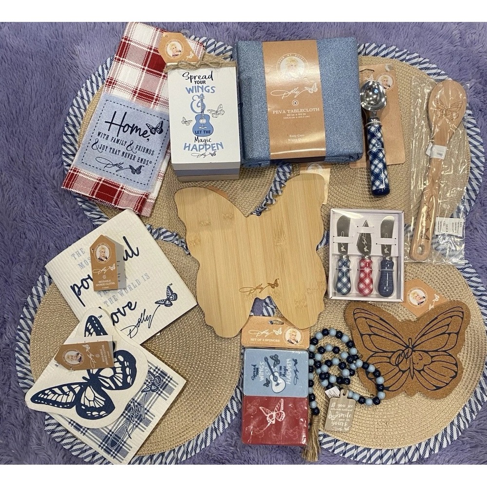 Dolly Parton Kitchen Dining Bundle 15pc Butterfly Bamboo‎ Board Placemats Blue